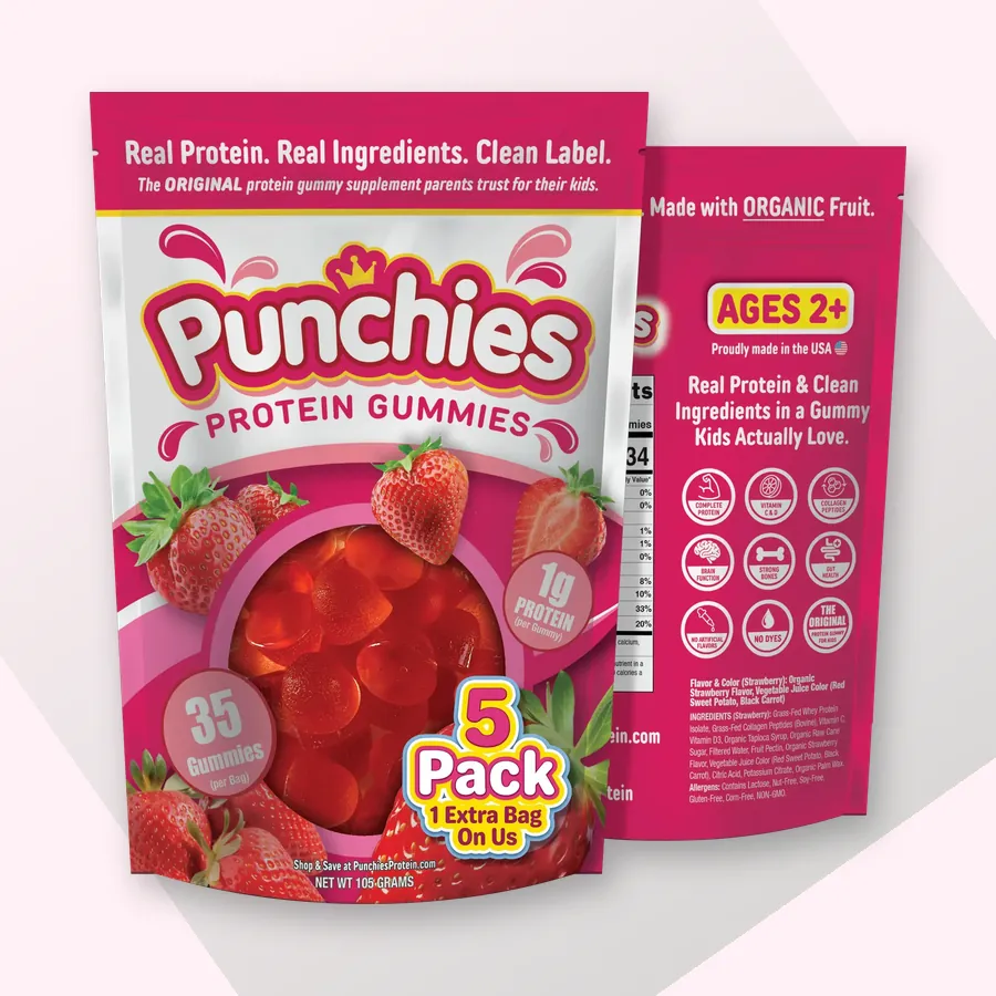 Kids protein gummy: Punchies strawberry protein gummies, 5-bag pack