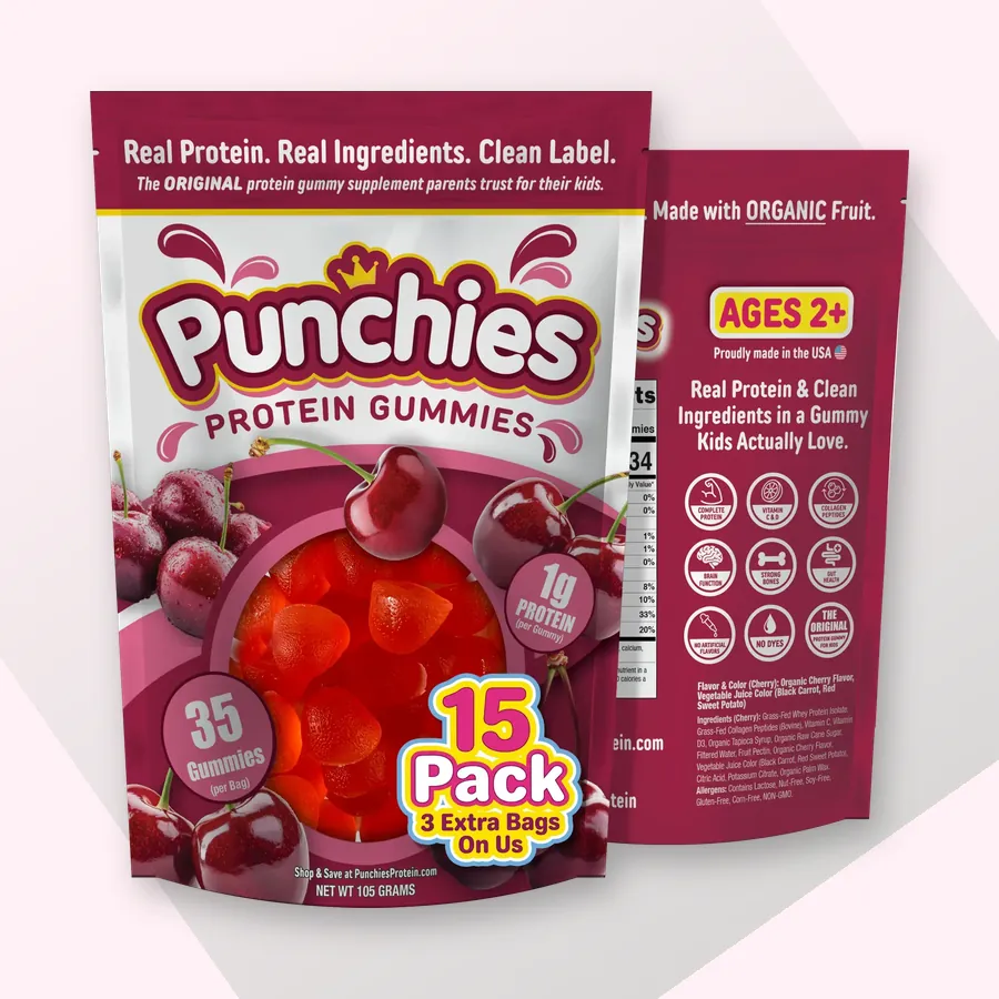 Kids protein gummy: Punchies cherry protein gummies, 15-bag pack