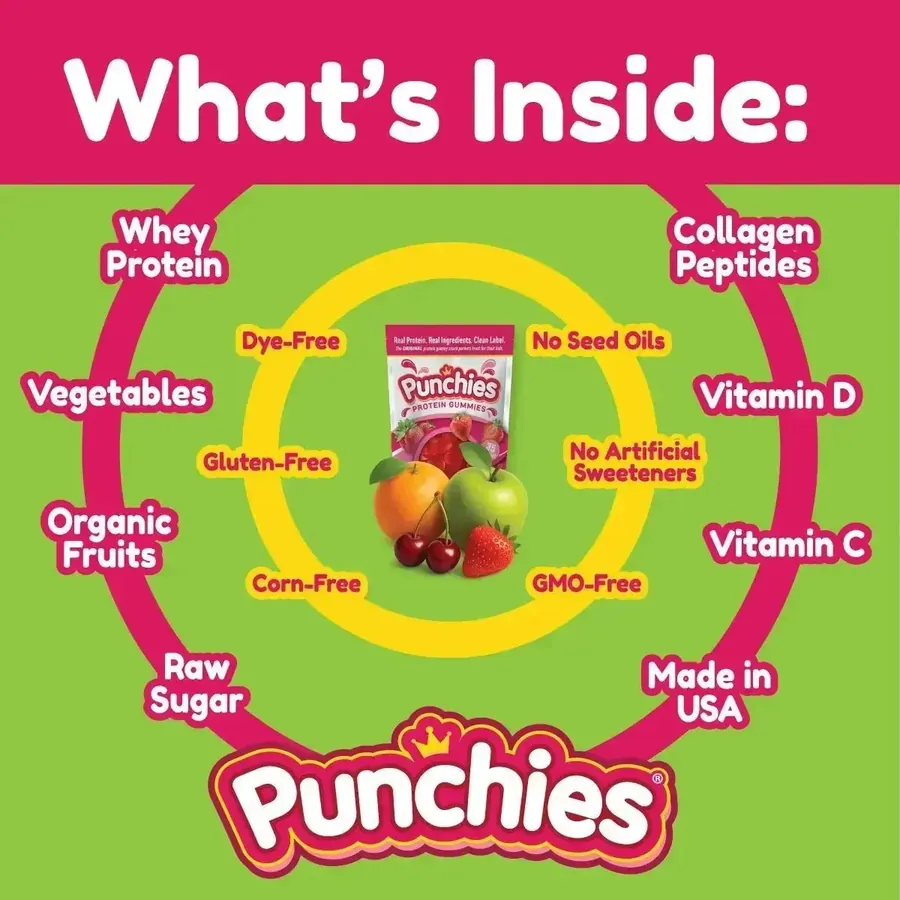 Kids protein gummy: what is inside Punchies protein gummies: whey protein, collagen peptides, vitamin C and D, organic fruits and raw sugar