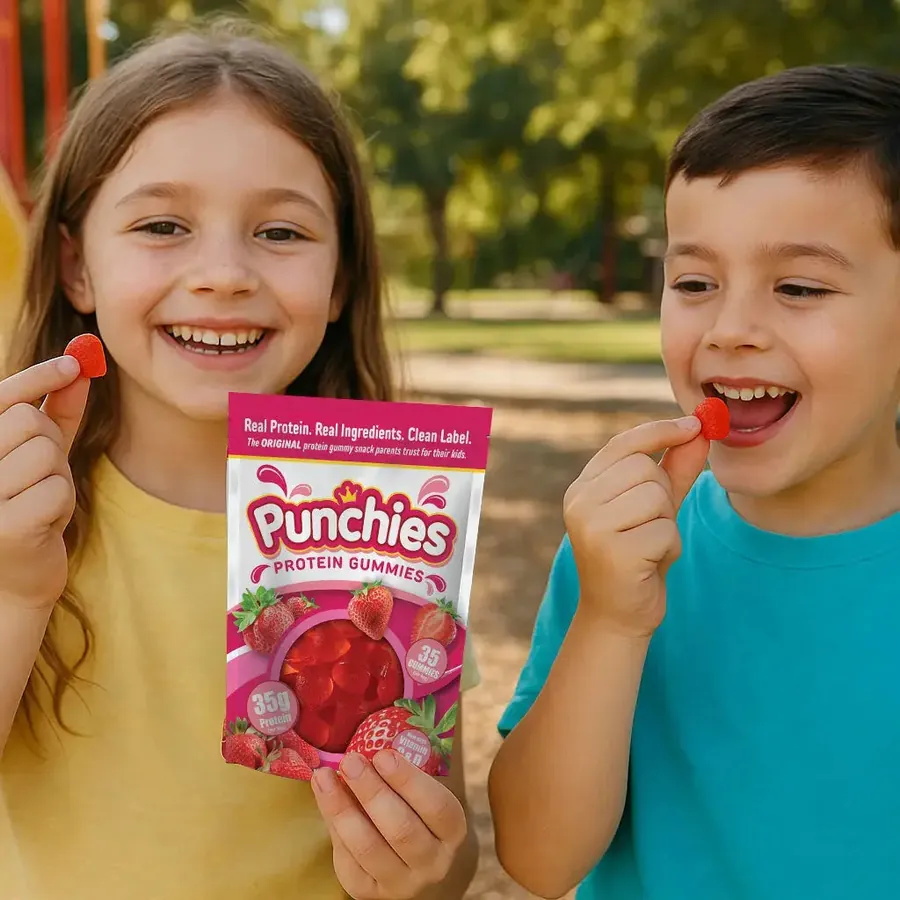Kids protein gummy: two kids snacking on Punchies protein gummies